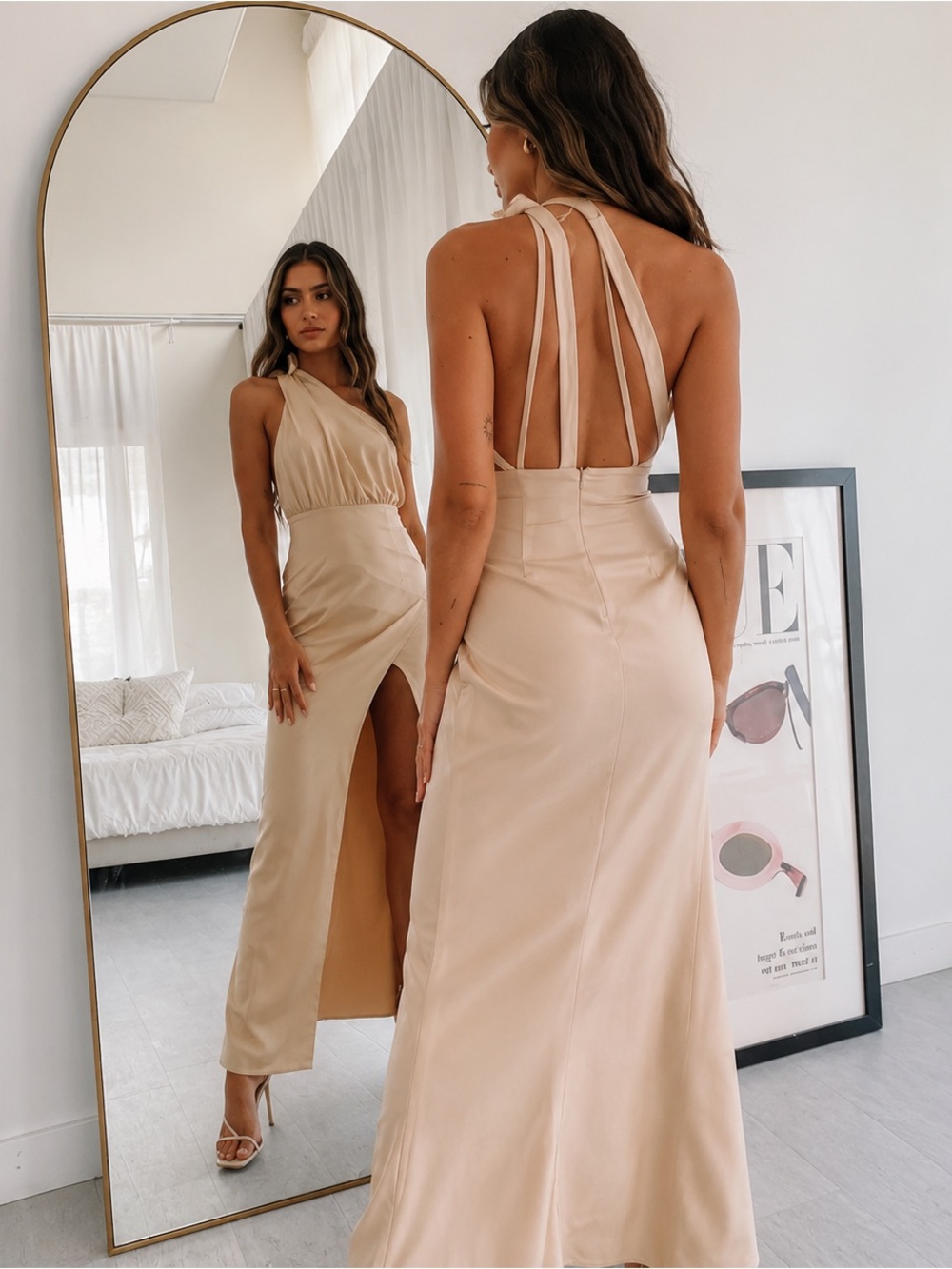 Beginning Boutique NWT Formal One Shoulder Satin Maxi Dress Gold Champagne 8